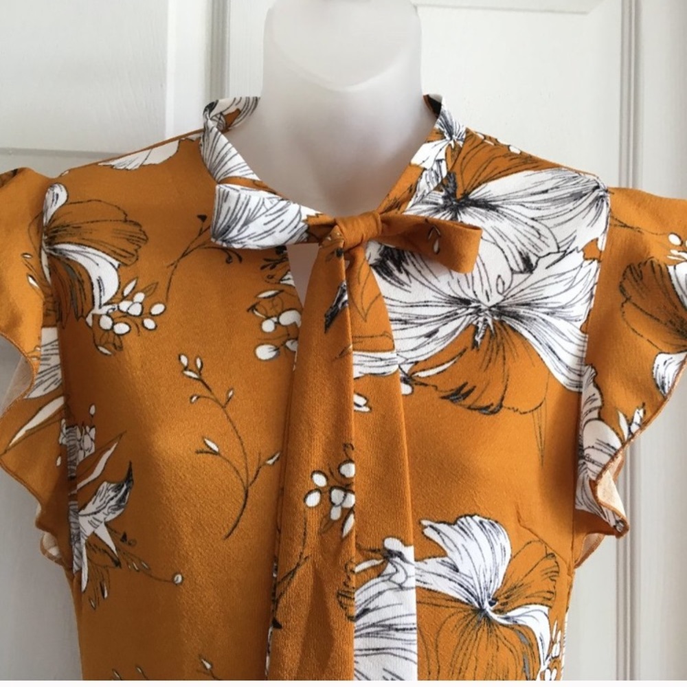 A-line dress ruffle sleeve, mustard &white flower